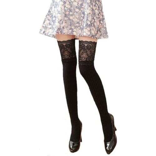 Spring Autumn Lace Over The Knee Stockings Stripe Elastic Thigh High Stocking Cotton Long Stocking Female Shaping Stockings New