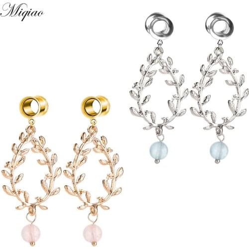 Miqiao 2pcs Fashion Creative Long Stainless Steel Hollow Leaves Double Horn Ear Expander 6-25mm Body Exquisite Piercing Jewelry