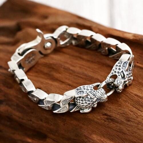 Pure Handmade Men Bracelet 925 sterling Silver color Bracelet double leopard head Retro Heavy Thai silver Skeleton Fine Jewelry
