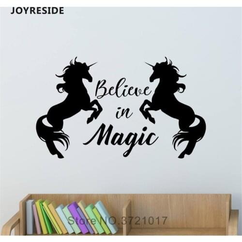 JOYRESIDE Quotes Wall Animal Sticker Believe in Magic Decals Vinyl Kids Bedroom Living room Horse Decoration Design Mural A1399