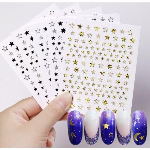 New 3d Nail Art Sticker Black And White Laser Gold Star Heart Shaped Small Pattern Applique Nail Slider For Design Decoration