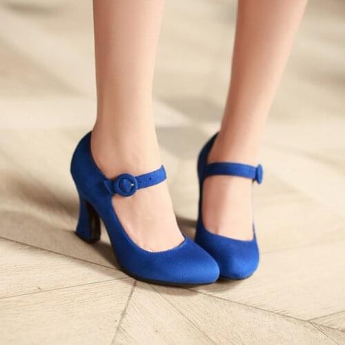 2020 Mary Jane Shoes Women High Heels Buckle Strap Pumps Ladies Block Heel Office Dress Party Shoes Blue Red Pink Size 41 42 43