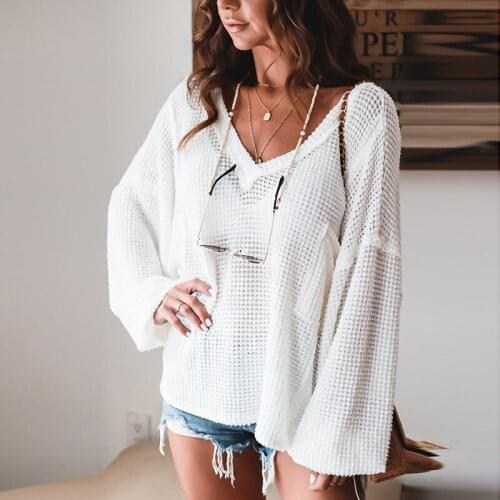 Autumn Elegant Long Sleeve Loose Knitted Tops Women Pullover 2021 Fashion Hollow Out Lady Blouse Casual Sexy V Neck Solid Shirts