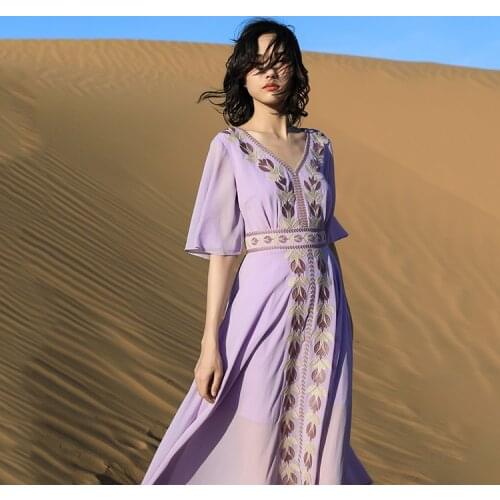 Jastie Embroidered Maple Sun Kimono Midi Dress Women Sexy V-Neck Half Kimono Sleeve Autumn Dresses Boho Beach Female Vestidos