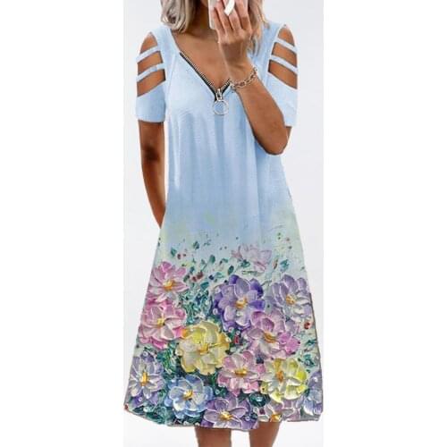 Summer Women Dresses Solid Color Hollow Short Sleeve Ladies Dress Zipper V-Neck Female Printed Sundress Mujer Vestido 2021