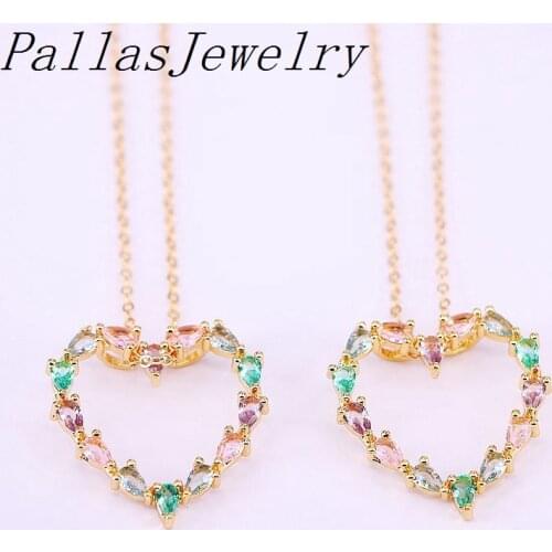 10Pcs Gold Color Charm Rainbow Colorful CZ Micro pave Heart pendant necklace Cubic Zirconia Jewelry