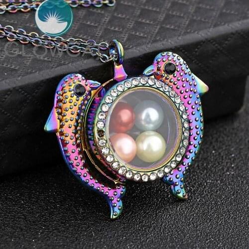 Rainbow Couples dolphins Glass Living Memory Photo Floating Rhinestone Lockets Pendant Necklace Steel Chain Necklace
