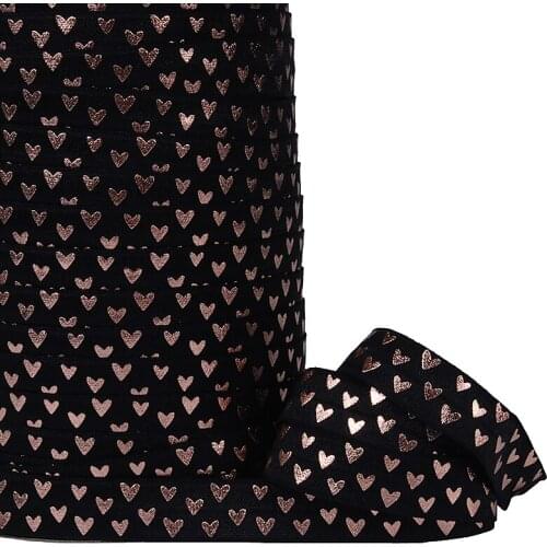 50 yards/lot) Free shipping rose gold foil Valentine heart printed foe fold over elastic ribbon