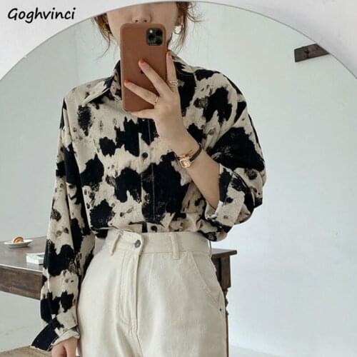 Shirts Womens Cow-print Retro Vintage Fashion Chic Long Sleeve Turn Down Collar Loose Casual Korean Style Female Tops Lady Femme