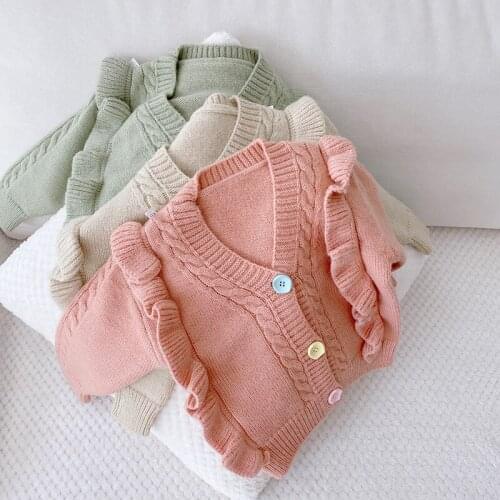 2021 new style girls boys ruffles knitted sweater cotton autumn fashion kids cardigan 1-6 years