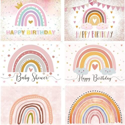 Happy Birthday Party Decoration Girls Backdrop Pink Rainbow Sweetheart Baby Shower Custom Photography Background Vinyl Banner