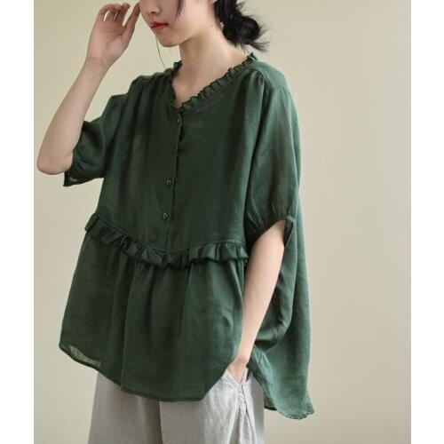 Oversized Cotton Linen Loose Women Shirts Summer Vintage 2021 O-Neck Half Lantern Sleeved Female Pulls Outwear Tops