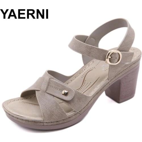 YAERNI Women New 2021 Sandals Open Toe 7.5cm High Wood Heels Buckle Non-Slip Sewing Colorful Soft Casual Summer Red