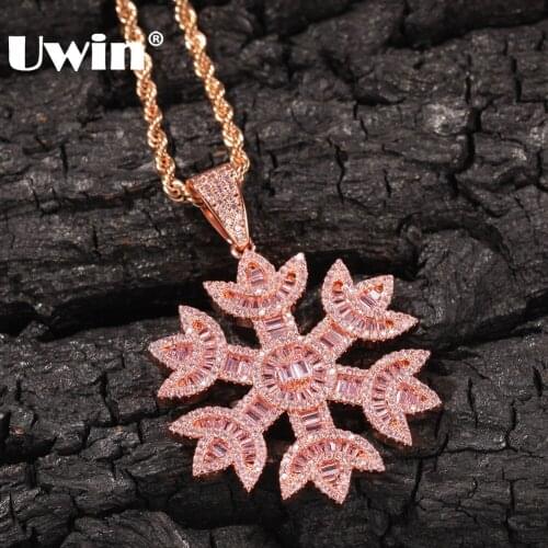 UWIN Fashion Women Baguette Pink Snowflake Shape Pendant Necklace Rose Gold Iced Bling Bling Cubic Zirconia Hiphop Jewelry