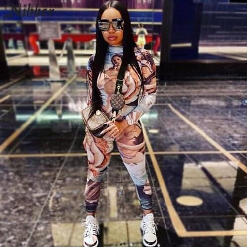 Nibbler Fashion zipper graphic pattern streetwear one pieces Jumpsuit Women 2020 autumn Casual long sleeve skinny Jumpsuit mujer
