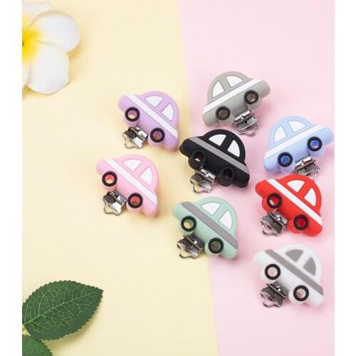 Sunrony 10pcs Cartoon car Silicone Beads Clips Chain Baby Teething Nursing Cartoon Food Grade BPA Free Baby Oral Care Product