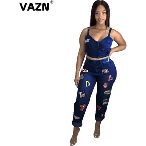 VAZN 2020 Sport Gym Fitness Women Casual Cartoon Outfit Two Pieces Set Sleeveless O-neck Full Pant Sport Running Sets
