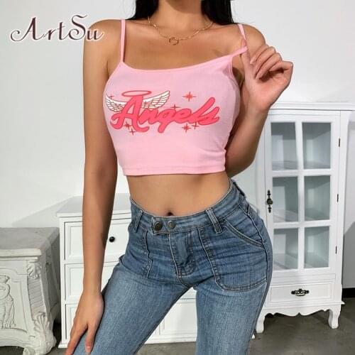 ArtSu Sexy Spaghetti Straps Sleeveless Angel Pink Crop Top 2020 Summer Women Basic Tops Cute Vest Fashion Streetwear ASVE28046