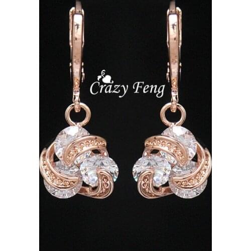Free shipping New Ladies Rose Gold Color CZ Crystal Earring Zircon Pierced Flowers Dangle Drop Earring High Quality