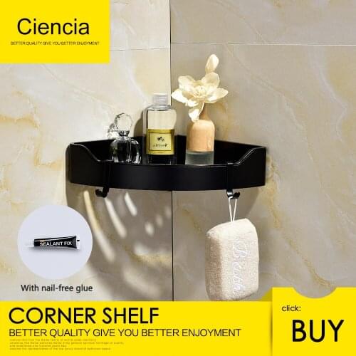 Free Shipping Ciencia Triangle Black Corner Caddy Bathroom Shelf with hooks wall mounted Kitchen Storage