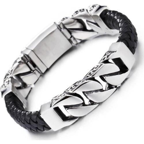 High Quality Silver Color Cuban Curb Chain Stainless Steel Genuine Leather Wristband Mens Bracelet Bangle Punk Jewelry 8.66"