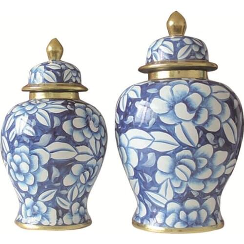 Jingdezhen Porcelain Ginger Jar Chinese Blue And White Gold Pattern With Cover Storage pot ceramic temple jar vase