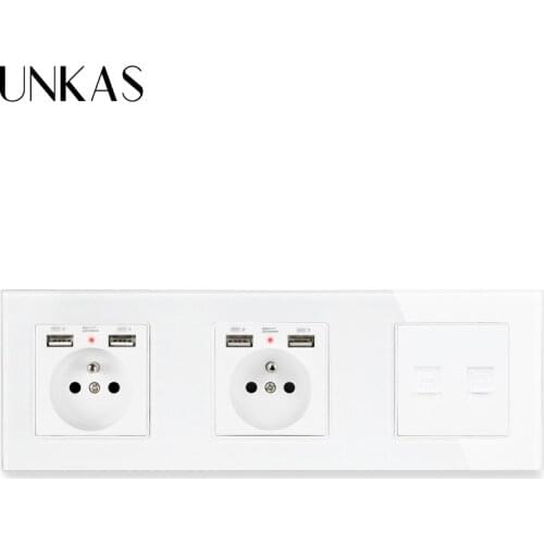 UNKAS Glass Panel Dual French Standard Socket With 4 USB Charging Port + RJ11 Telephone Connector RJ45 Internet Computer Jack