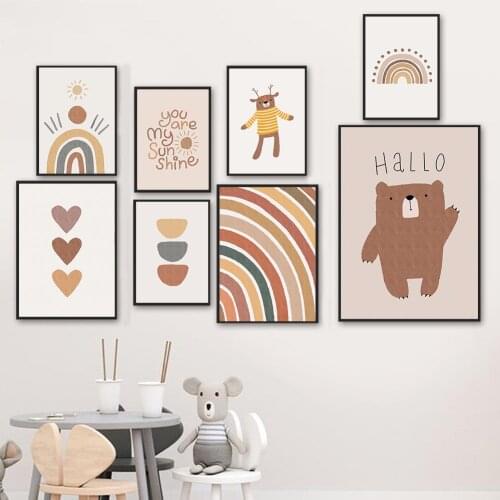 Alphabetic Letters Bear Sun Rainbow Bohemian Decorative Canvas Painting Wall Picture Teen Room Decoration Kids Room Wall Decor