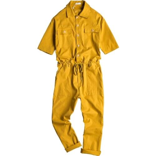 Summer Overalls Men Jumpsuit Cotton Lapel Short Sleeve Ankle Length Hip Hop Streetwear Black Yellow Pants Loose Leisure Trousers