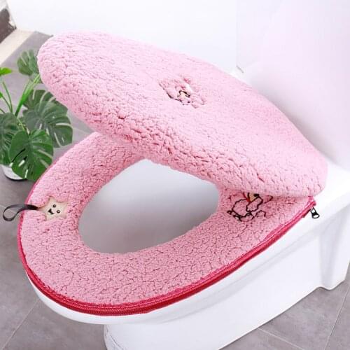 Fyjafon Toilet Seat Cover Set Plush Thick Overcoat Toilet Case Two-piece Warm Toilet Seat Cover Gray Pink Seat Cover