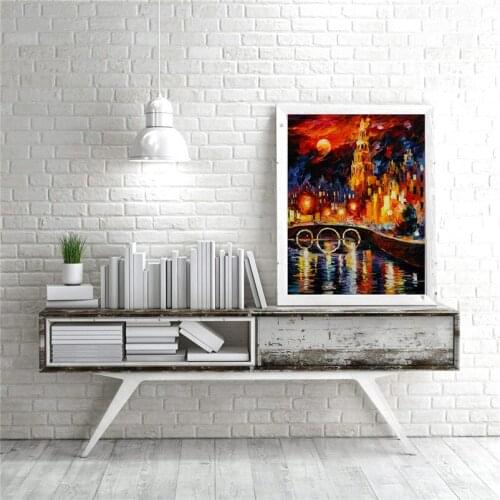 Colorful City Stone Bridge Night View Landscape Wall Painting Living Room Poster Canvas Wall Art Oil Painting Home Decoration