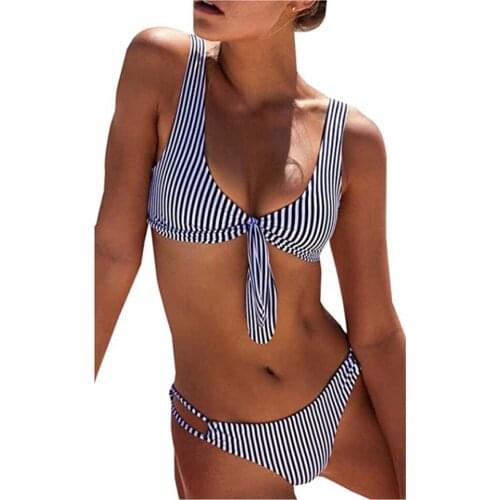 2018 Pinstriped Bikini set Navy White Striped Bikinis Swimwear Women Sexy Push up Swimsuit Femme Bandage Bathing suit