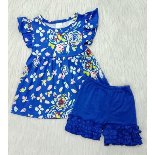 Summer fashion shorts clothing set cute girl flutter sleeve top match icing ruffle shorts set girl flower outfit