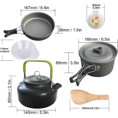 Tableware Set With Teapot Outdoor Aluminum Cooking Set Kettle,Bowl,Pan,Travelling Hiking Picnic 1-3 People Tableware Equipment