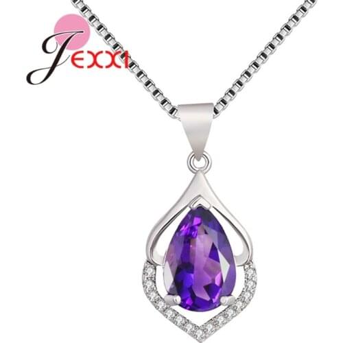 Big Sale 925 Sterling Silver Cubic Zircon Necklaces Women Girls Lovely Purple CZ Pendant Necklaces For Wedding Engagement Party