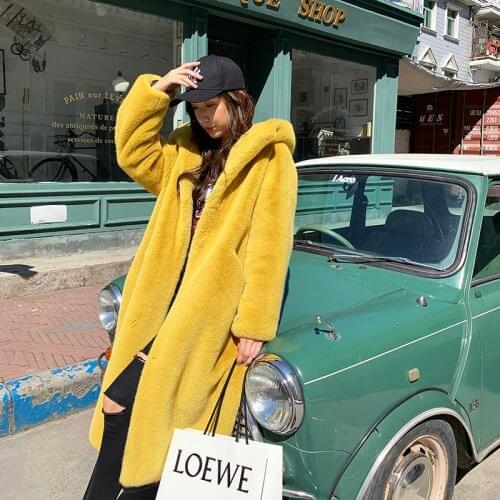 Winter Thick Warm Faux Rabbit Hair Coat Women Korean Fashion Long Hooded Overcoat Loose Blue Yellow Green Fake Fur Jacket Female