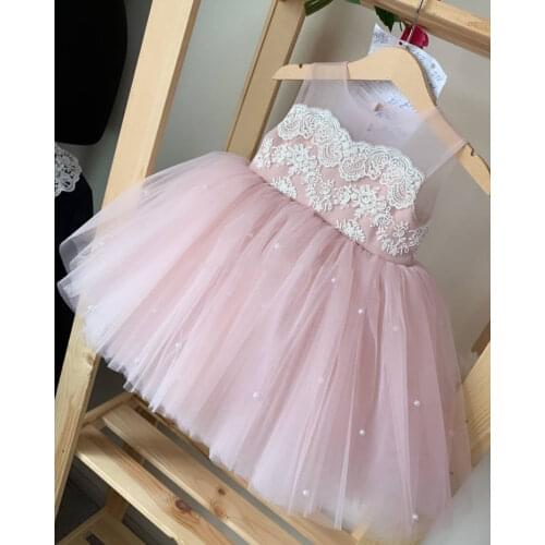 Real Picture Pink Tulle Flower Girl Dress O Neck Lace Pearl Birthday Party Gowns Kids Cloth Pageant Gowns Photography