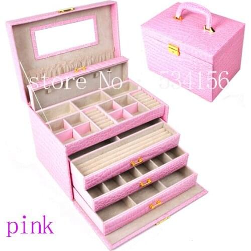 Luxurious big 4 layers pink leather jewelry box earrings jewelry packaging display box gift box (28. * 20 * 19.5 cm)