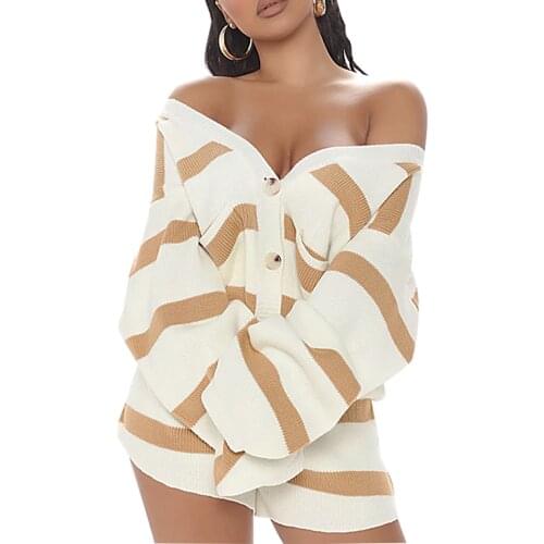 Women’s Two Piece Outfits Long Sleeve V Neck Striped Button Down Cardigan Sweater and Shorts 2pcs Clothes Set Spring Autumn Wear