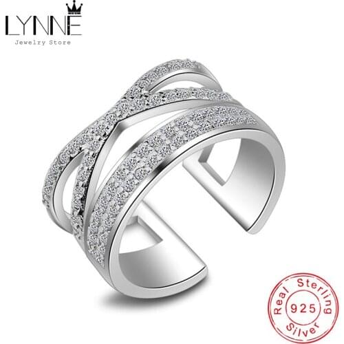 LYNNE Jewelry New Fashion 925 Sterling Silver Simple Double layer X Cross Rings Punk Rock Zircon Adjustable Ring Women Fine Gift