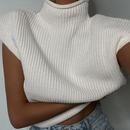Fashion Sleeveless Turtleneck Knitted Vest Sweater Women Pullover 2020 Autumn Winter Jumper With Shoulder Pads Casual Women Tops