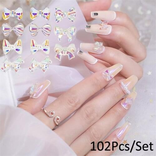 102Pcs Mixed Size Aurora Bow Nail Art Accessories Resin Bow Charm Nail Art Rhinestones 3D Fashion Fingernail DIY Decoration