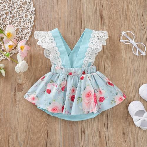 2021 Breathable Baby Girls Romper, Toddlers Sweet Style Summer Creative Floral Printing Lace Fly Sleeve Splicing Skirt Jumpsuit