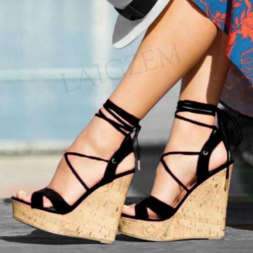 BERZIMER FASHION Women Platform Cork Wedge Sandals Faux Suede Sandalias Pumps Zapatos Ladies Shoes Woman Big Size 44 47 50 52