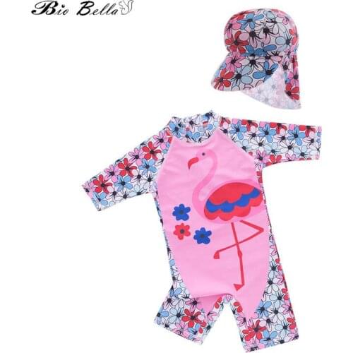 Childrens Swimsuit Girls' One-piece Suits Flamingo Hooded Swimsuit Long-sleeved Beach Suit Sun-proof Hot Summer Swimsuit
