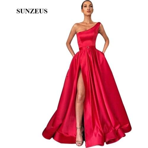 Long Red Evening Dresses One Shoulder Satin Party Gowns A-line Side Slit Formal Women Dress Simple