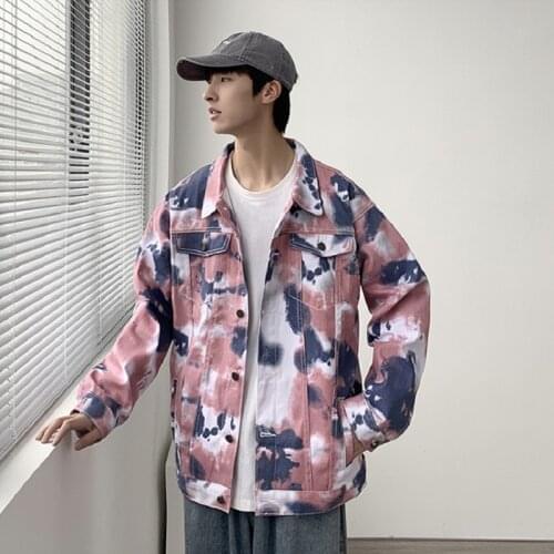 Spring Ins Tie-dye Tooling Denim Jacket Male Korean Version of The Trend Couple Harajuku Style Loose Top Jacket Men Jean Jacket