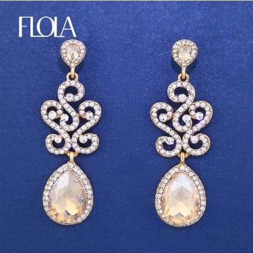 FLOLA Brand New Gold Crystal Wedding Earrings for Brides Gold Long Earrings with Crystals Tear Drop Wedding jewelry ersg87