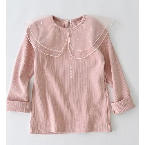 VOGUEON 2021 New Spring Sequined Mesh Lace Collar Shirt Girls Fashion Long Sleeve Solid Color Children Clothes Cute Girl Tshirt