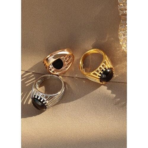 Fashion Simple Black Stone Titanium Steel Ring Woman Men Couples High Quality Opal Ring Birthday Party Jewelry Decoration Gifts